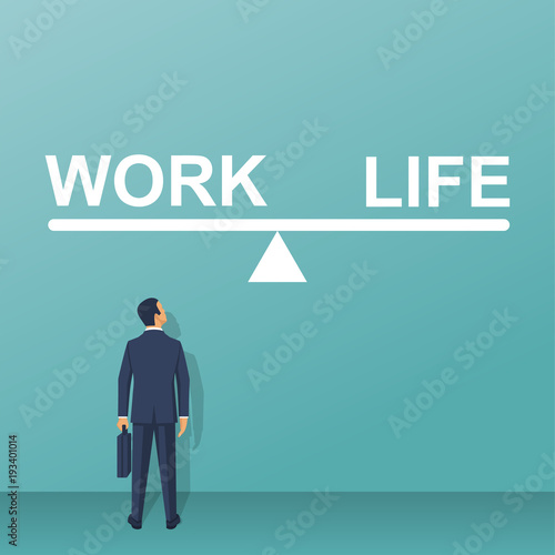 Balance life and work. Businessman chooses between scales work and lifestyle. Vector illustration flat design. Isolated on white background. Modern businessman standing in front of a choice.