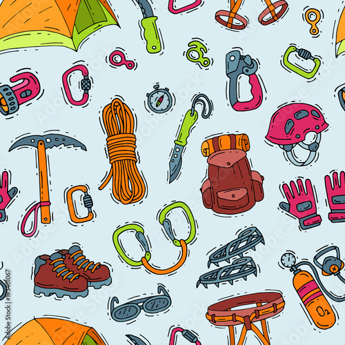 Climbing vector climbers equipment helmet carabiner and axe to climb in mountains illustration sot of mountaineering or alpinism tools for mountaineers seamless pattern background