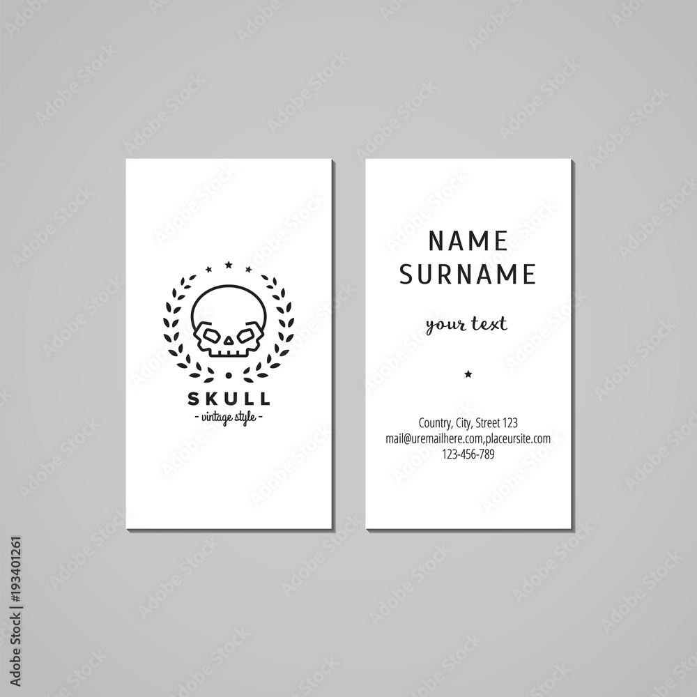 Business card hipster style with skull logo and wreath (vector).