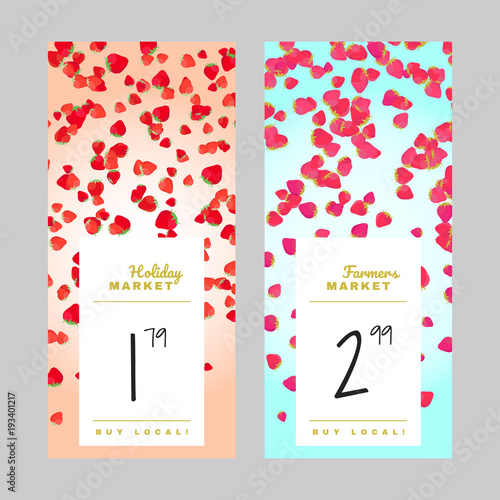Holiday market price tags. Sale design. Copy space. Farmers market banner set. Colorful strawberry price templates. Colorful berry frame, leaflet or web banner.
