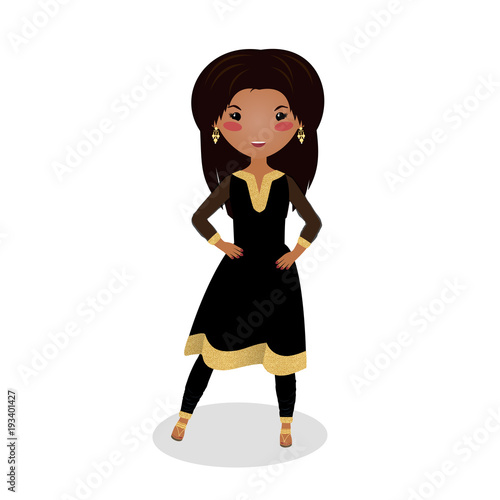 Smiling girl wearing Salwar Kameez. Cartoon character. Golden and Black dress. Evening outfit. Young girl going on a date. Beautiful indian woman in traditional indian costume isolated on white.
