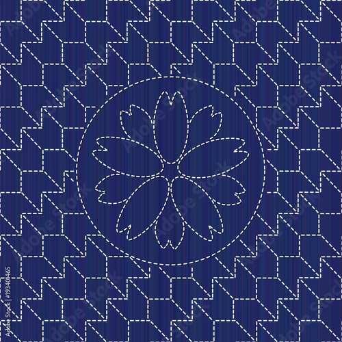 Kimono pattern. Sashiko texture with blooming sakura flower. Abstract seamless texture. Classic japanese quilling. Needlework motif. Needlework texture. For handiwork, decoration or printing on fabric