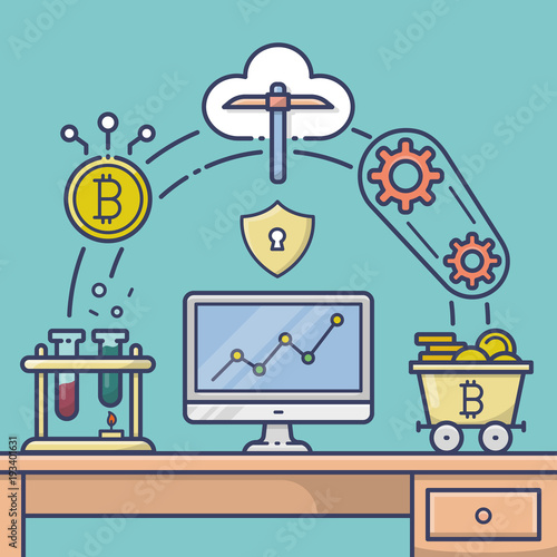 Vector illustration of workstation and bitcoin mining - the internet of money. Linear flat infographics concept with shadows and lights