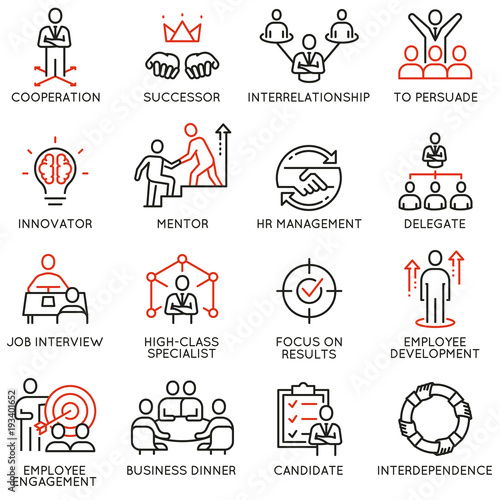 Vector set of linear icons related to business process, relationship and human resource management. Mono line pictograms and infographics design elements