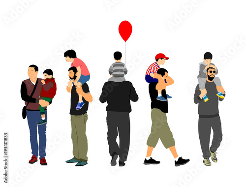 Fathers day set, group of family people vector illustration isolated on white background. Father and son.  Father carrying his son on shoulders, dad carrying little boy with balloon.