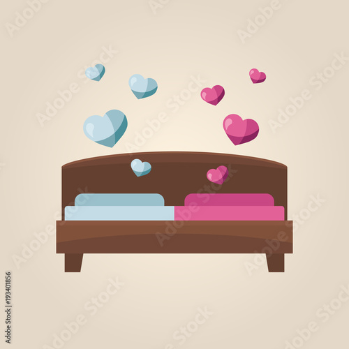 Double bed of love and romance. Bedroom concept. Flat vector.