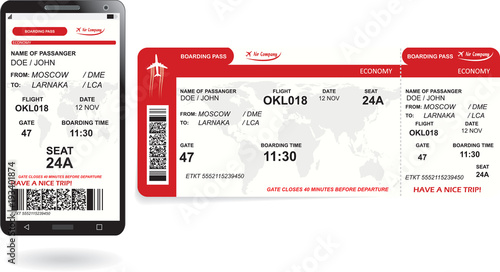 Mobile phone with electronic boarding pass airline ticket and paper boarding pass ticket. Concept of modern travel or journey. Vector illustration in red colors