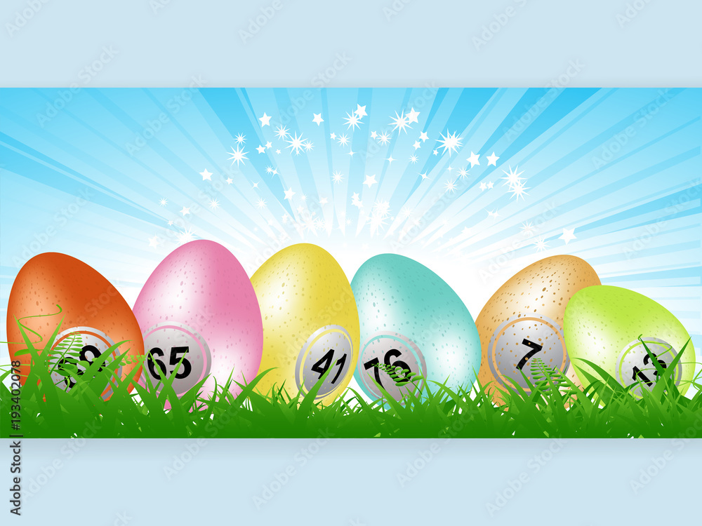 Obraz premium Easter bingo lottery eggs panel on grass