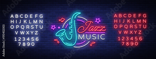 Jazz music is a neon sign. Symbol, neon-style logo, bright night banner, luminous advertising on Jazz music for Jazz cafe, restaurant, bar, party, concert. Vector illustration. Editing text neon sign