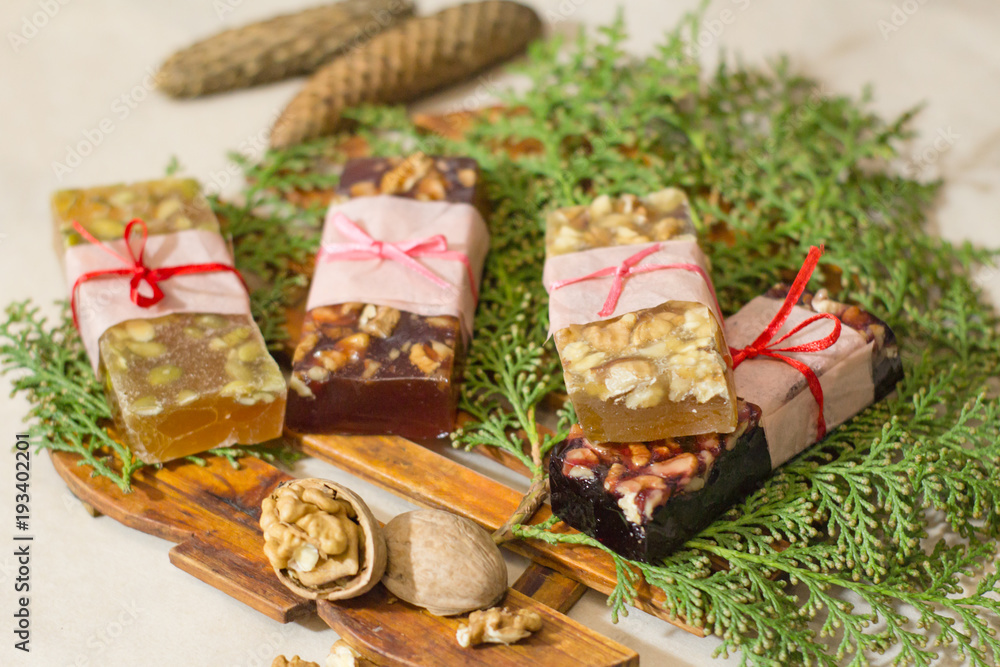marmelade bars with nuts, granola organic snacks with fruits 