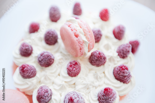 Raspberry Cake with Macarons