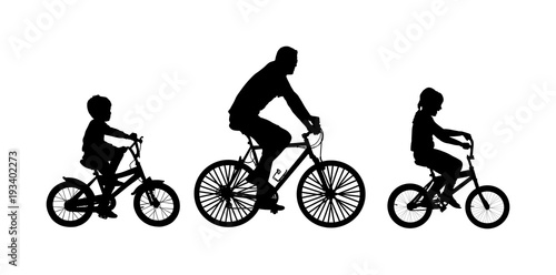 Fathers day, happy family people vector silhouette illustration isolated on white background. Father with son and daughter riding bicycle. Dad with children driving bike. Little boy and girl outdoor.