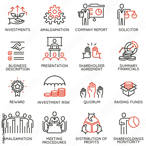 Vector set of linear icons related to business process, team work, human resource management and stakeholders. Mono line pictograms and infographics design elements - part 3