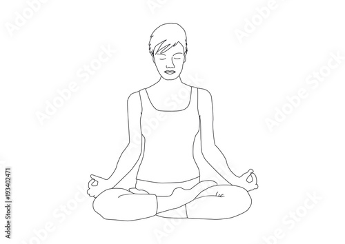 Handrawn woman with short hair practicing yoga, lotus position padmasana