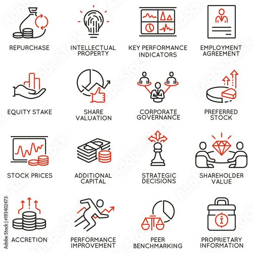 Vector set of linear icons related to business process, team work, human resource management and stakeholders. Mono line pictograms and infographics design elements - part 4
