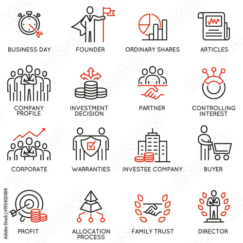 Vector set of linear icons related to business process, team work, human resource management and stakeholders. Mono line pictograms and infographics design elements - part 5