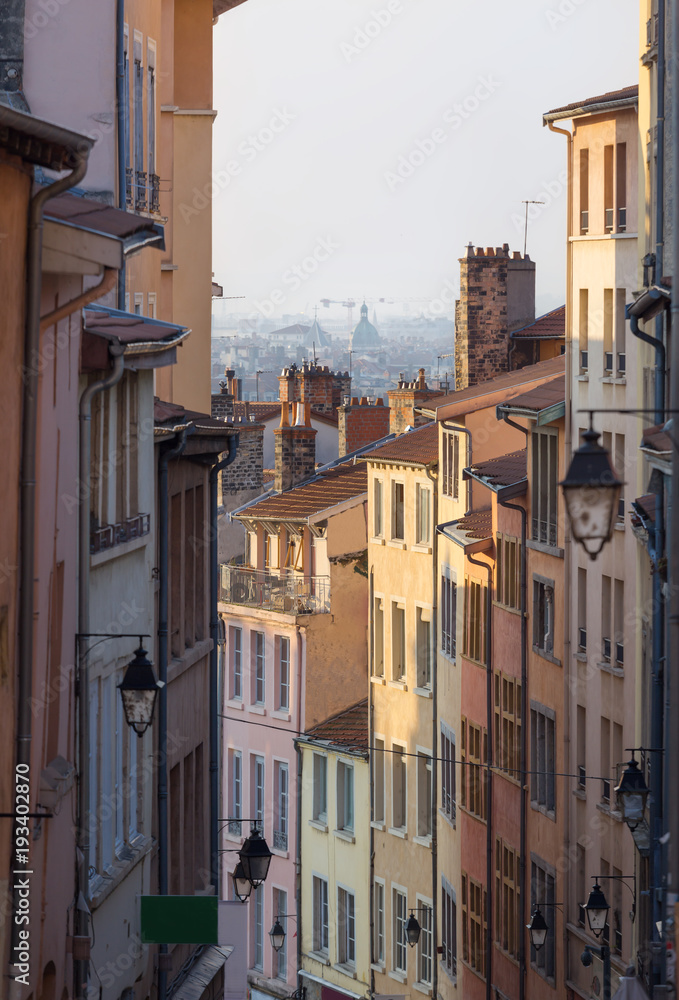 First light in an old and colorful street in Croix Rousse, Lyon, France.