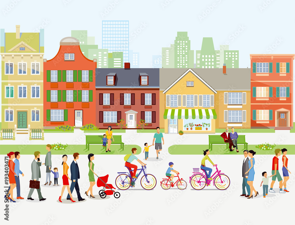 Stadtansicht mit Spaziergänger und Radfahrer