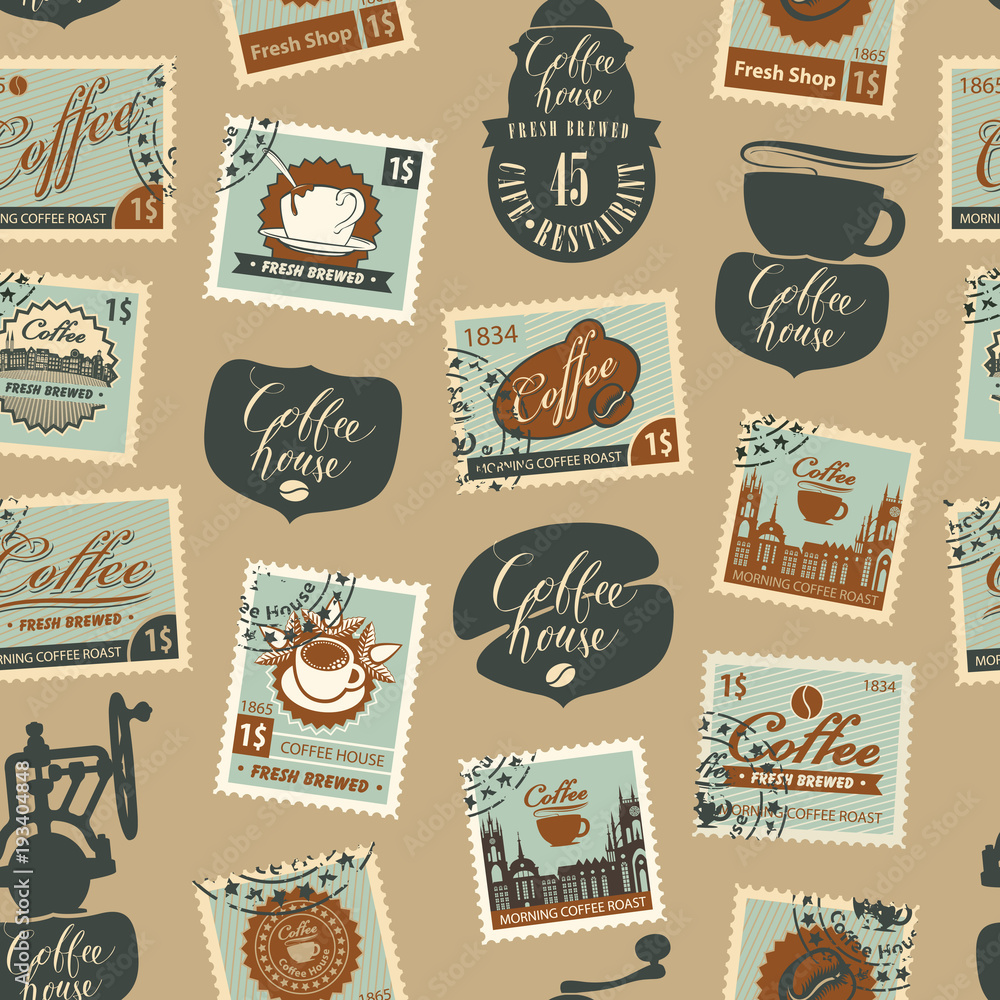 Vector seamless pattern with postage stamps and other coffee symbols on coffee and coffeehouse theme in retro style on beige background. Can be used as wallpaper or wrapping paper