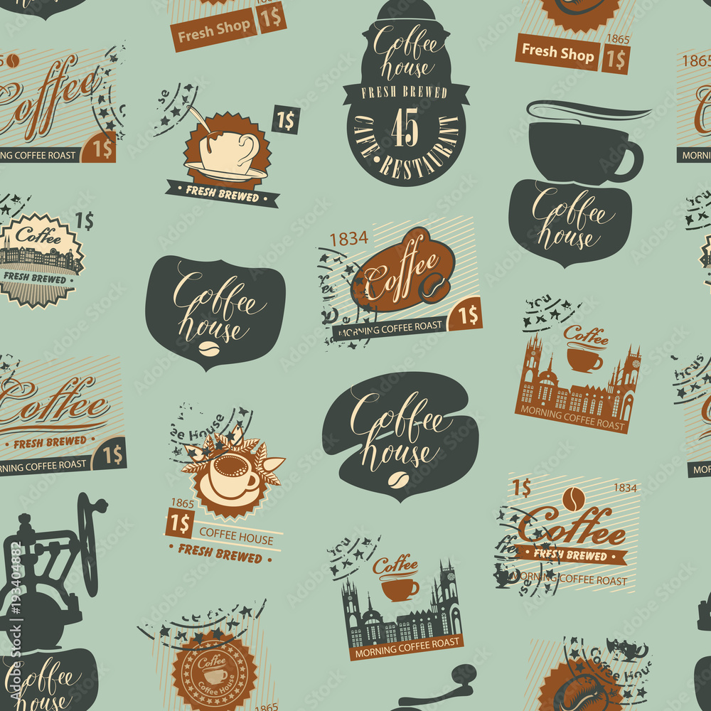 Vector seamless pattern with postage stamps and other coffee symbols on coffee and coffeehouse theme in retro style. Can be used as wallpaper or wrapping paper