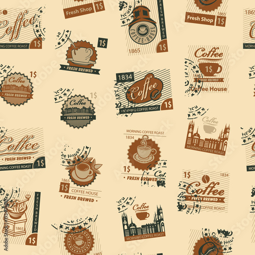 Vector seamless pattern on coffee and coffee house theme with postage stamps and postmarks in retro style on beige background. Can be used as wallpaper or wrapping paper