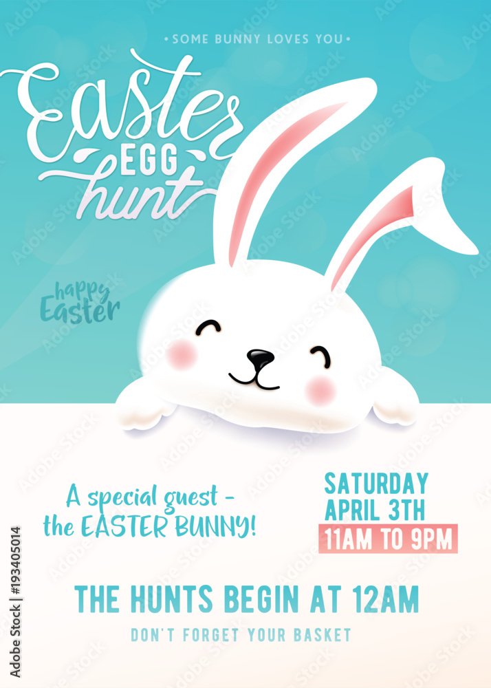 Fototapeta premium Cute party poster for Easter Egg Hunt with funny easter bunny