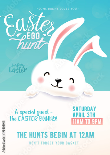 Cute party poster for Easter Egg Hunt with funny easter bunny