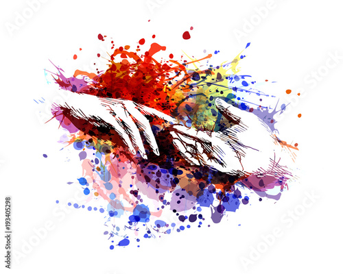 Vector color illustration of touching hands