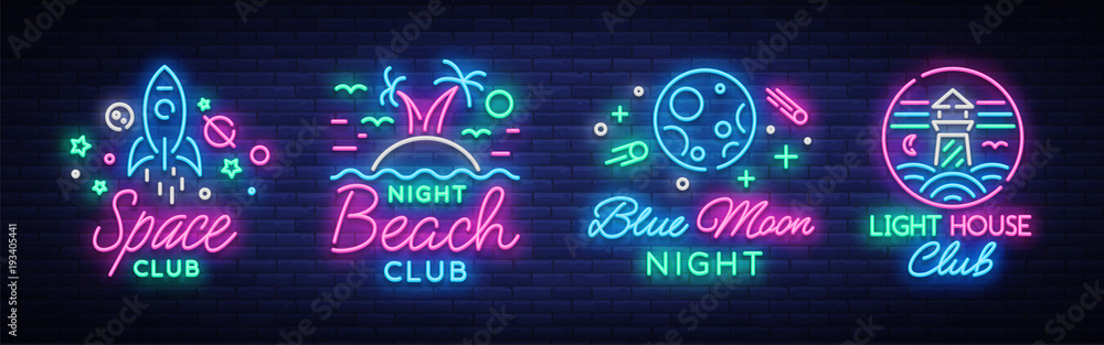 Nightclub set of neon signs. Logo Collection in Neon Style, Symbol. Lighthouse, Beach, Space. Design a template for a nightclub, Night party advertising, discos, celebrations. Vector illustration Nightclub set of neon signs. Logo Collection in Neon Style, Symbol. Lighthouse, Beach, Space. Design a template for a nightclub, Night party advertising, discos, celebrations. Vector illustration