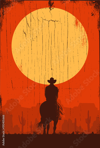 Silhouette of lonesome cowboy riding horse at sunset, Vector Illustration