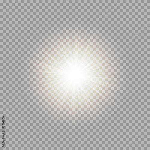 Golden light effect with bright rays on a transparent background