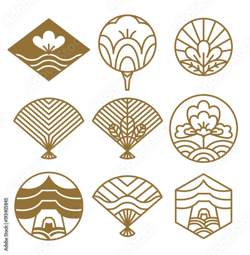 Japanese Icons Flowers Set Vector Illustration