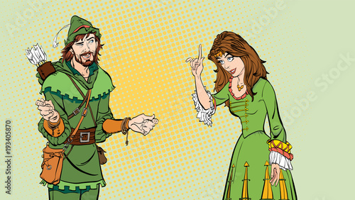 Man and woman. Princess teaching Robin Hood. Teaching princess. Lady in medieval dress. Medieval legend. Medieval woman. Robin Hood.
