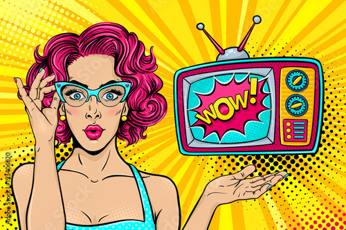 Wow female face. Sexy surprised young woman in glasses with open mouth and bright curly hair and Wow retro tv set. Vector colorful background in pop art retro comic style. Party invitation poster.