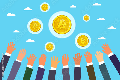Concept of Crypto currency. Hands reach for bitcoin
