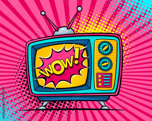 Hand drawn comic retro TV set with Woa speech bubble on screen on halftone, rays and dots. Vector colorful background in pop art retro comic style. 