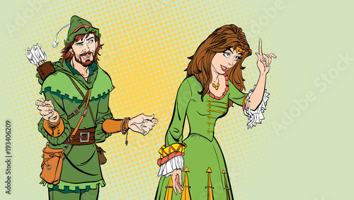 Man and woman. Princess teaching Robin Hood. Teaching princess. Lady in medieval dress. Medieval legend. Medieval woman. Robin Hood.