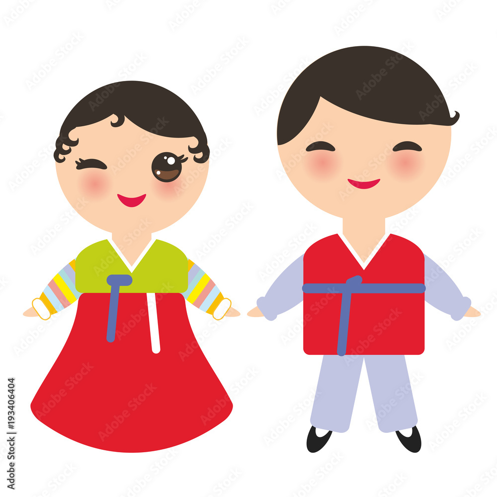 Koreans Kawaii boy and girl in national costume Hanbok Joseon-ot. Cartoon  children in traditional South Korea dress isolated on white background.  Vector Stock Vector | Adobe Stock