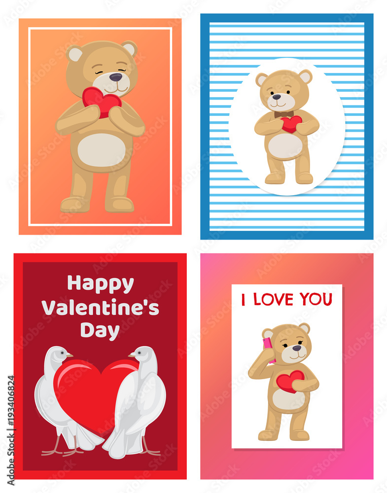Cute Soft Toy Bears and White Doves in Love Set Cute Soft Toy Bears and White Doves in Love Set