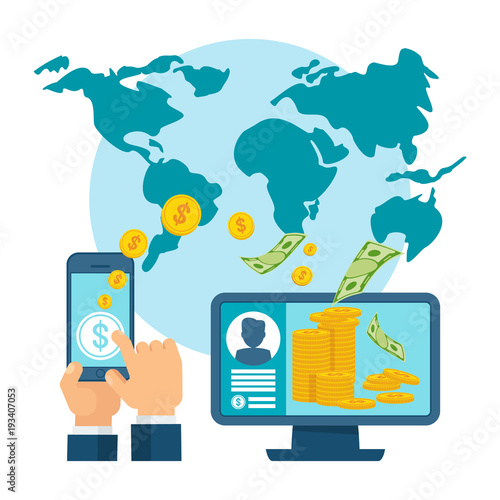 Money transfer using mobile device, computer and smart phone with banking payment app. Internet banking, contactless payment, financial transactions around the world. Flat vector concept.