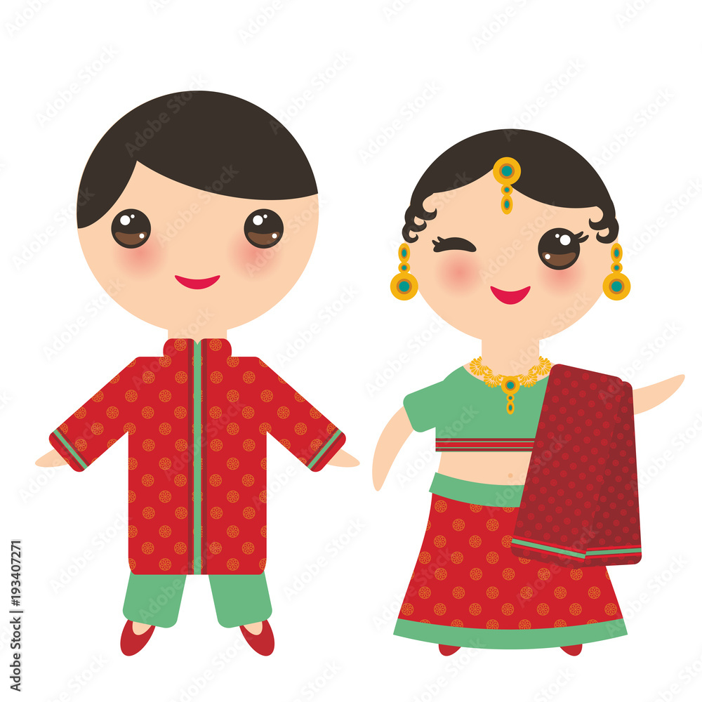 Indian Kawaii boy and girl in national costume. Cartoon children in traditional  India dress sari isolated on white background. Vector Stock Vector | Adobe  Stock