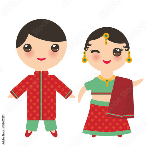 Indian Kawaii boy and girl in national costume. Cartoon children in traditional India dress sari isolated on white background. Vector