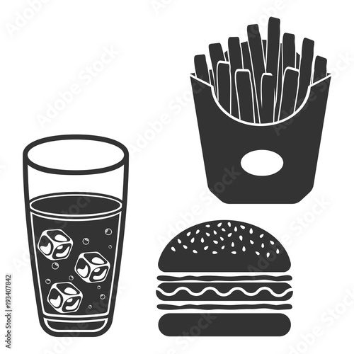 French fries, hamburger, cold drink icon. Flat vector illustration in black on white background.