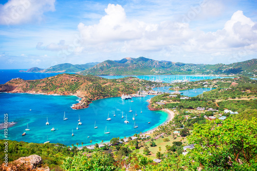 Photography View of English Harbor from Shirley Heights, Antigua, paradise bay at tropical i