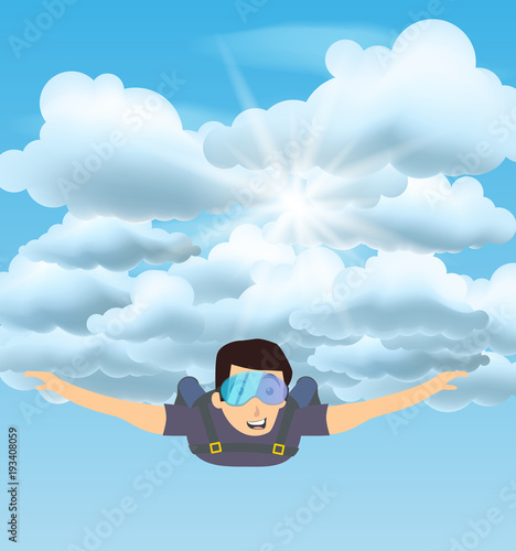 Skydiver man flying in the blue cloudy sky. Vector character illustration in flat style. Sky diving cartoon sportsman.