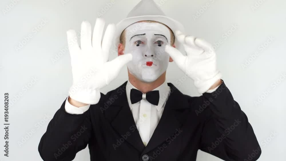 Mime making a virtual wall. 4K Mime making a virtual wall. 4K