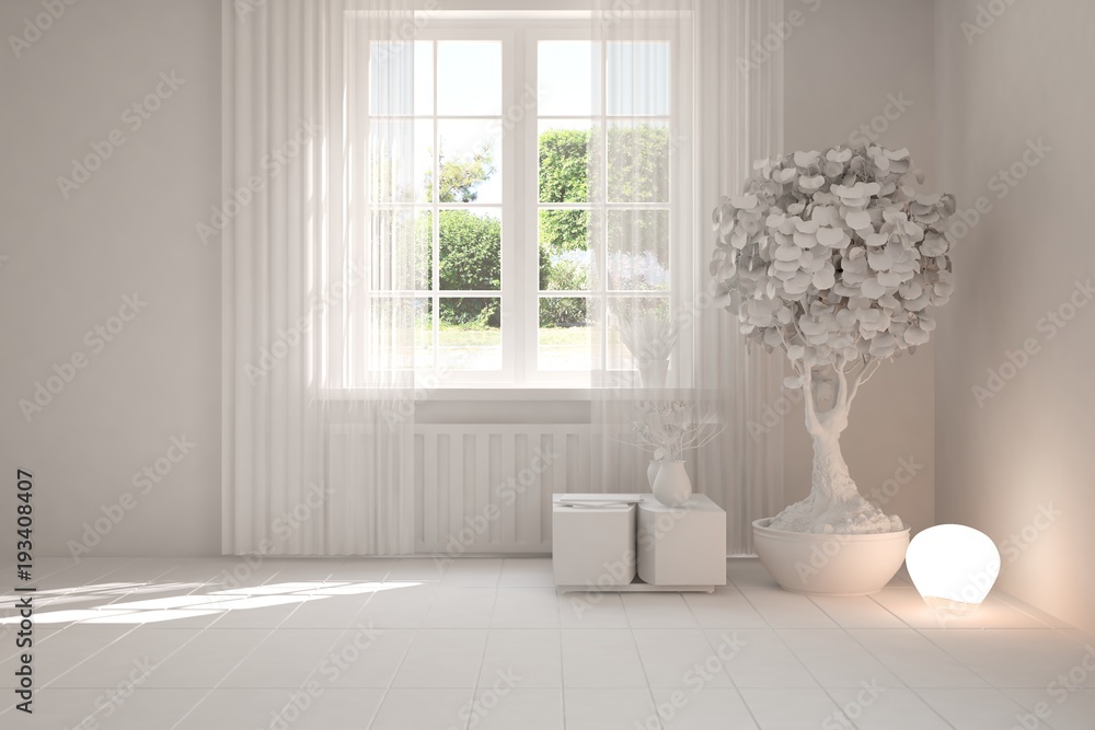 White empty room with summer landscape in window. Scandinavian interior design. 3D illustration White empty room with summer landscape in window. Scandinavian interior design. 3D illustration