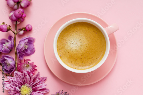 coffee in pink pastel table top view