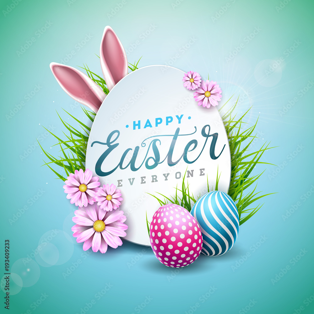 Fototapeta premium Vector Illustration of Happy Easter Holiday with Painted Egg, Rabbit Ears and Flower on Shiny Blue Background. International Celebration Design with Typography for Greeting Card, Party Invitation or