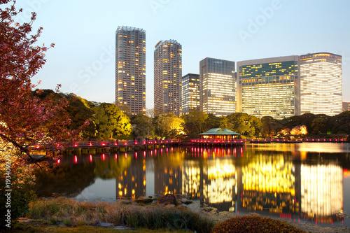 Hamarikyu (also Hama Rikyu) Public Gardens and modern skyscrapers of Shiodome Area, Chuo Ward, Tokyo, Kanto Region, Honshu, Japan